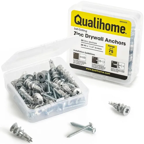 Vista 9 de Kit de anclaje de yeso de zinc autoperforante Qualihome con tornillos - Anclajes de yeso para pared hueca autoperforantes de metal con aletas