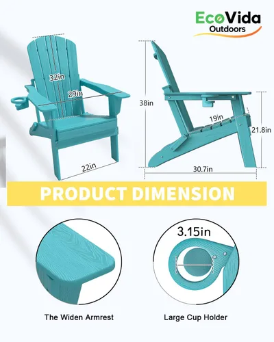 Vista 3 de Silla Adirondack plegable mejorada con portavasos para todo tipo de clima, textura de grano de madera premium, HDPE impermeable, adecuada