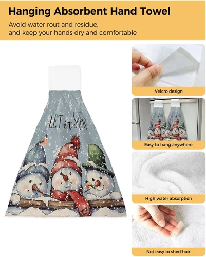 Vista 2 de Christmas Kitchen Towels Snowman Bird Snowflake Hanging Kitchen Towels with Loop Blue Hanging Dish Towels Christmas Hand Tie Towels Set 2 Tea Bar
