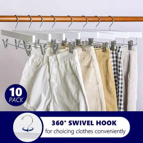 Vista 5 de Amber Home Paquete de 10 perchas de madera blanca para pantalones con 2 clips ajustables para jeans, pantalones cortos