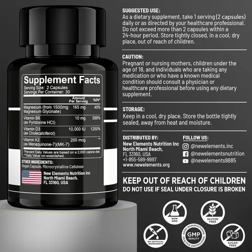 Vista 3 de Vitamina D3 K2 con glicinato de magnesio con vitamina B6 para una absorción mejorada Magnesio 1500mg D3 10,000 UI K2 (MK7) 200mcg Vitamina