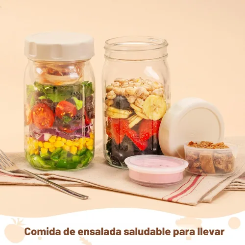 Vista 5 de SOLIGT Paquete de 4 tarros de ensalada de vidrio con tapas para preparación de comidas, recipiente hermético para almuerzo, dos pequeñas cajas