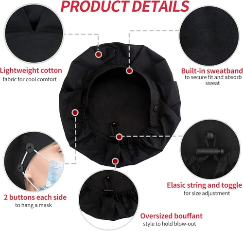 Vista 4 de Paquete con 2 gorros de trabajo con botón y banda para el sudor, ajustable, para mujeres y hombres, talla única