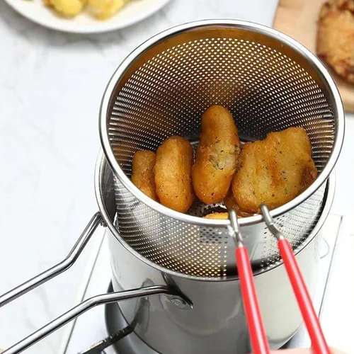 Vista 7 de gernie Olla para freidora, sartén de acero inoxidable 304 con cesta coladora y asa, olla de tempura japonesa, freidora de pescado para cocina, papas