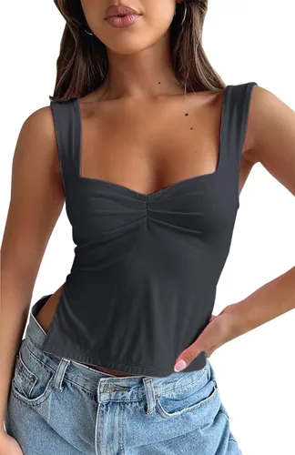 Y2K - Camiseta corta sin mangas con tirantes delgados y espalda descubierta, plisada, con aberturas, chaleco Cami 2023