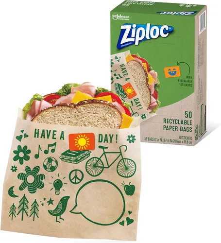 Bolsas de papel para sándwiches y aperitivos Ziploc, reciclables y sellables con diseños divertidos, 50 bolsas en total