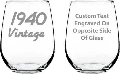 Bevvee Custom Vintage 1940 Stemless Wine Glass - Personalized Birthday Gifts for Women & Men - Bday Party Decor - Large 17 oz
