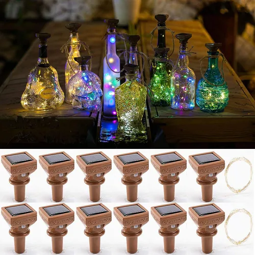 Vista 16 de YJFWAL Paquete de 12 luces solares mejoradas para botellas de vino, 20 luces LED impermeables de cobre, luces de cadena de corcho para decoración