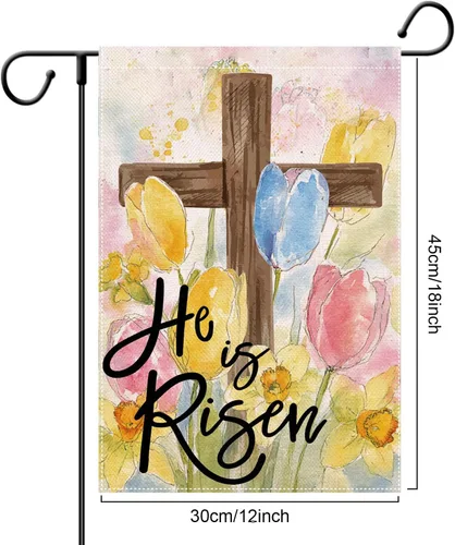 Vista 4 de Bandera de jardín de Pascua con texto en inglés «He is Risen» para exteriores, de doble cara, de doble cara, decoración religiosa cristiana