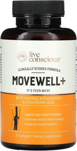 Live Conscious Suplemento para la salud articular - MoveWell Plus Aceite de krill antártico, astaxantina natural y ácido hialurónico | Supera a la