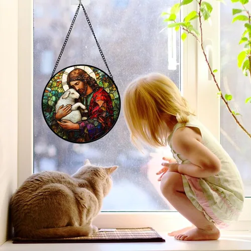 Vista 24 de DASTOLL Vitral para colgar en la ventana, atrapasoles de escena nocturna de Van Gogh, panel de cristal colorido, atrapasoles de cielo estrellado