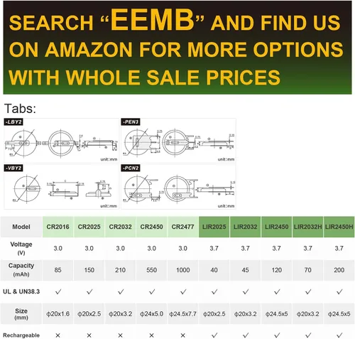 Vista 4 de EEMB Baterías recargables de 3.7 V 2032H LIR2032H de iones de litio con botón de celda de moneda de 70 mAh para reloj remoto de coche, 4
