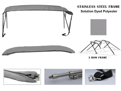 Vista 2 de SBU Light Grey Stainless Steel 3-Bow Bimini Top Compatible for Monterey 186 MONTURA I/O for Model Years 2014