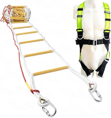 Vista 2 de ISOP Escalera de cuerda para escape de incendios, escalera de seguridad de emergencia de 32 pies para hogares de 4 pisos, compacta, portátil
