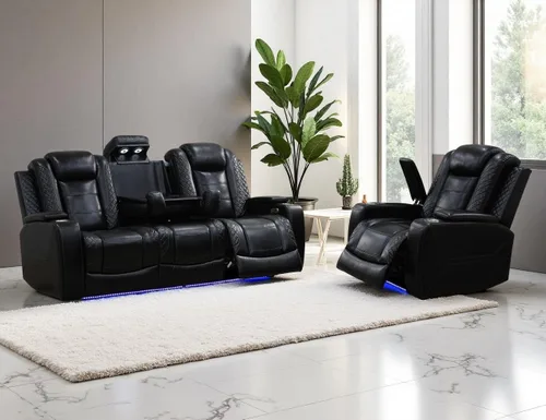 Vista 18 de Juego de sofá reclinable eléctrico, juego de sofá y silla reclinable de cuero, juegos de muebles de sala de estar, muebles de lujo de 3 piezas