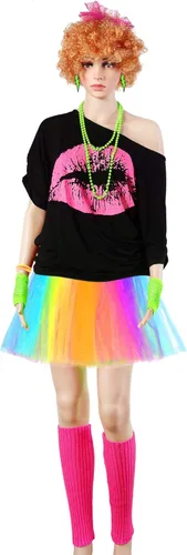 Vista 6 de Blulu Halloween 80s Costume Accessories Set T-Shirt Tutu Headband Earring Necklace Leg Warmer