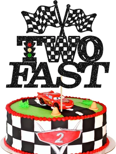 Gyufise 1 pieza de decoración de pastel de cumpleaños con dos banderas negras con purpurina a cuadros para coche de carreras de 2º cumpleaños para
