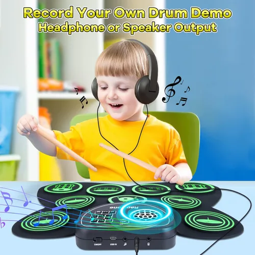 Vista 4 de Ragstone Juego de Batería Electrónica, Juego de Batería para Niños Enrollable con Altavoz Estéreo Dual, MIDI, Pedales de Pie, Bacines, Ideal