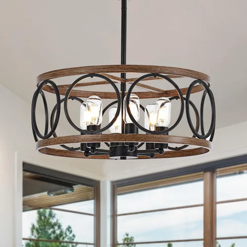 Vista 15 de Lámpara colgante de tambor de granja de 8 luces, 19.68 pulgadas, textura de madera natural, candelabros rústicos vintage, lámparas colgantes