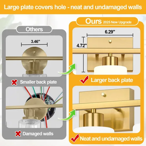 Vista 7 de Accesorios de iluminación de baño de 3 luces, luz de tocador de oro cepillado, luz de tocador de baño con pantallas de vidrio esmerilado blanco