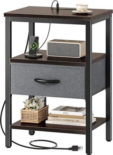 Vista 17 de SUPERJARE - Mesita de noche con estación de carga, con cajón de tela ajustable, para dormitorio, mesa auxiliar de almacenamiento de 3 niveles