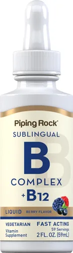 Piping Rock Complejo de vitamina B con B12 | Gotas líquidas | 1200 mcg 2oz | Suplemento sublingual | Sabor a bayas | Vegetariano, sin OMG, sin gluten