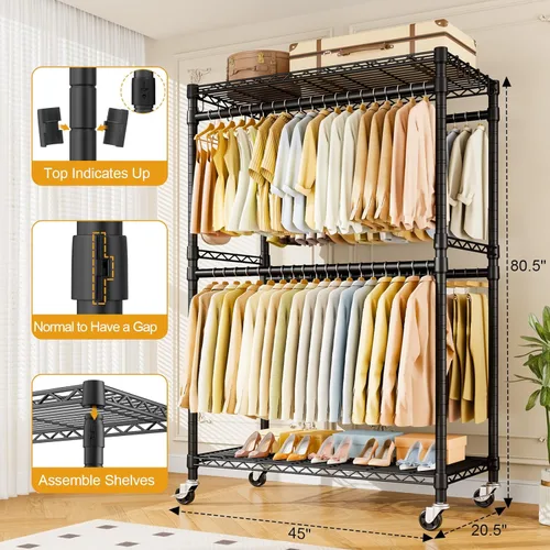 Vista 7 de ULIFHOME P4 Plus Perchero Rodante de Ropa Resistente, Percheros de Ropa para Colgar Ropa, Percheros de Vestir Independientes con Ruedas, Perchero