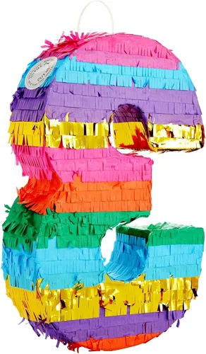 Vista 8 de BLUE PANDA Piñata número 3, vibrante piñata arcoíris para decoración de fiesta de tercer cumpleaños, diseño fácil de rellenar para decoración
