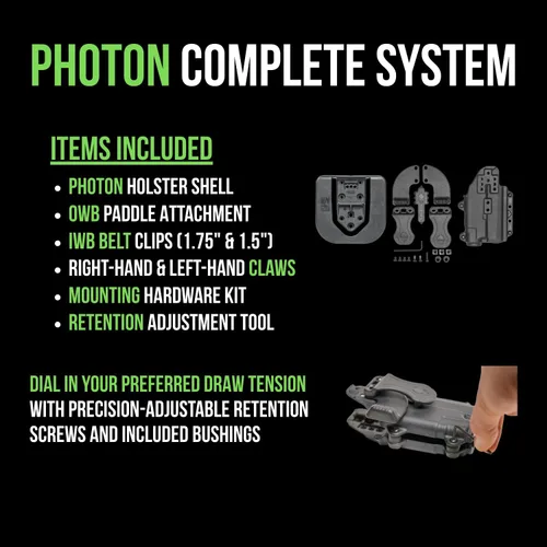 Vista 6 de Funda Alien Gear Photon - IWB o OWB, Mano Derecha o Izquierda, Lista para Ópticas, Opciones de Luz Compacta o Sin Luz - Múltiples Ajustes Disponibles