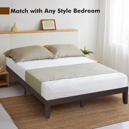 Vista 4 de COSTWAY Marco de cama de plataforma tamaño King, base de colchón de madera de goma maciza de 14 pulgadas con soporte de listones resistentes, marco