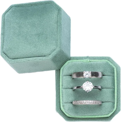 Caja de terciopelo octágono de borde recortado, 3 ranuras para ceremonia de boda, propuesta, compromiso, cumpleaños (verde salvia)