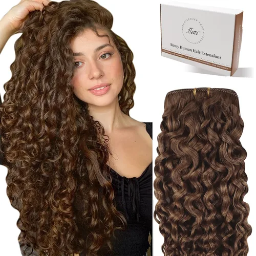 Vista 36 de Hetto . Extensiones de cabello humano rizado con clip, color #1 negro azabache, extensiones de cabello humano ondulado natural para cabeza completa