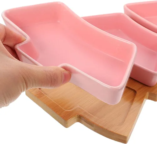 Vista 6 de Angoily Bandeja de cerámica con forma de árbol de Navidad para entretenimiento, plato de servir alimentos con base para aperitivos, aperitivos Rosa