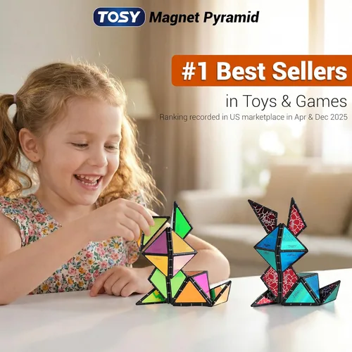 Vista 2 de TOSY Piedra Piramidal Magnética: 1 Cubo se Transforma en 1 Billón de Formas, 14 Piezas (12 Piezas de Rompecabezas y 2 Giradores), 243 Imanes, Regalo
