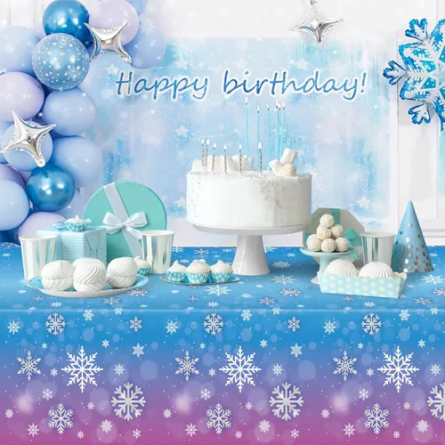 Vista 6 de 3 manteles de invierno con copos de nieve – Mantel de plástico de Frozen Wonderland desechable, rectangular, copos de nieve para suministros