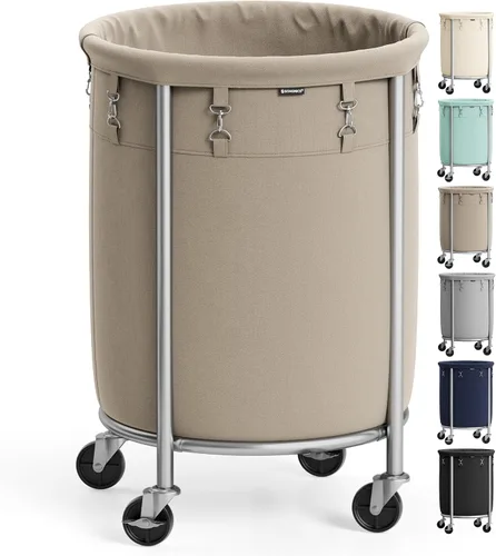 SONGMICS - Cesta de lavandería de 29 galones (110 L) con ruedas, carrito rodante redondo resistente con marco de acero y bolsa extraíble, 2 ruedas