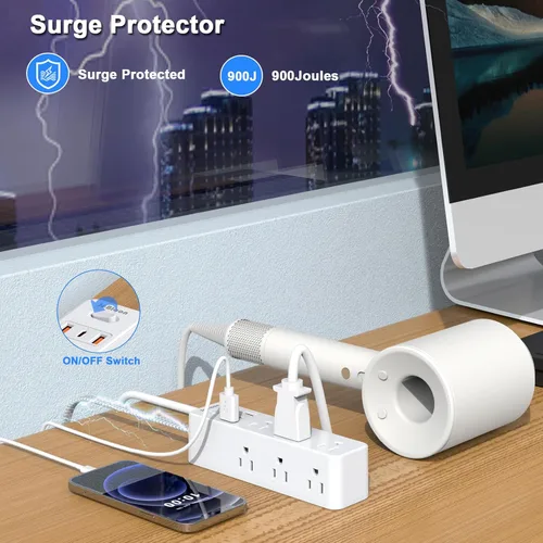 Vista 4 de Regleta de alimentación de enchufe plano con protector de sobretensiones, cable de extensión ultradelgado de 5 pies con 3 cargadores de pared USB