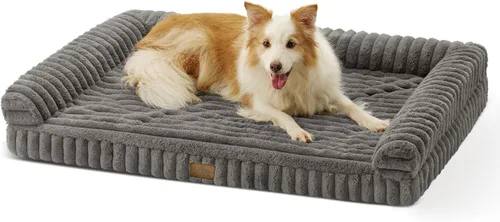 Vista 24 de COZY KISS Bonita cama para perro, cama ortopédica de espuma de conejo sintética con lados, funda extraíble lavable y forro impermeable, cómodo sofá