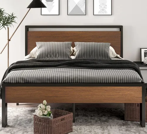 Vista 3 de SHA CERLIN Base de cama de plataforma de metal tamaño Queen de 14 pulgadas con cabecero y estribo de madera, base de colchón, no necesita somier