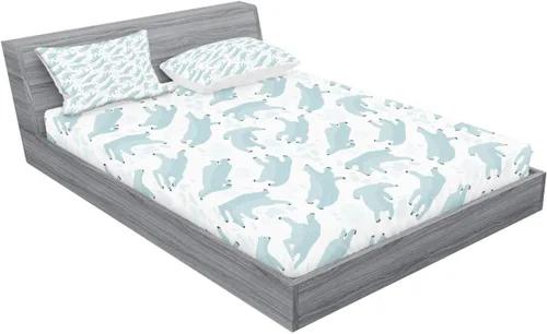 Vista 2 de Ambesonne Bear Fitted Sheet & Pillow Sham Set, Swimming Polar Bears North Pole Arctic Mammals Winter Frozen Sea Hand Drawn, Decorative Printed 3