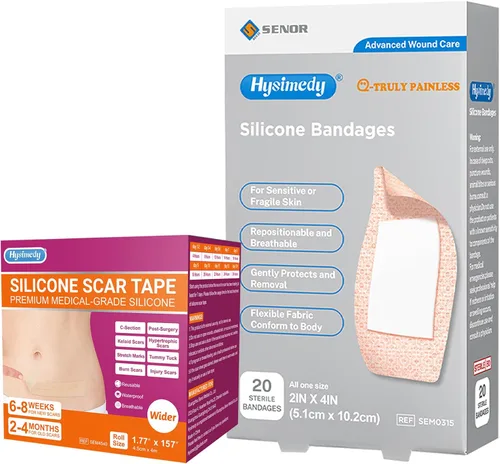 Silicone Bandages for Sensitive Fragile Skin - 2" x 4" 20 Counts & Silicone Scar Tape (1.77" x 157" - 4M)