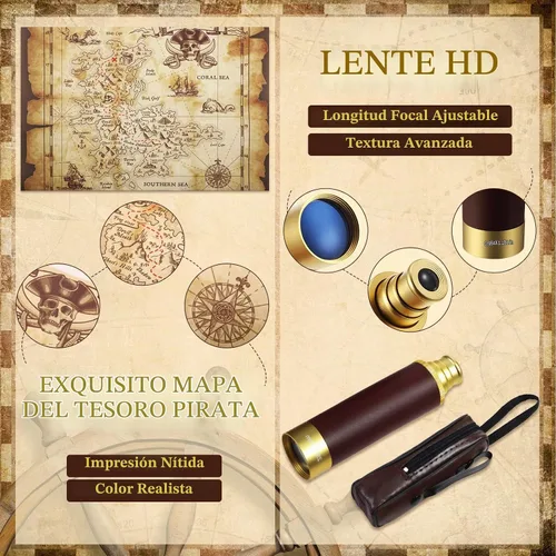 Vista 3 de Telescopio monocular pirata, mapa del tesoro, brújula, sombrero pirata, estampado de calavera, disfraz de capitán, 5 piezas de recuerdos de fiesta