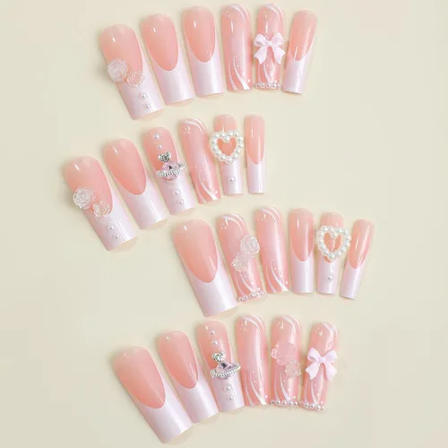 Vista 2 de 24 uñas postizas cuadradas largas a presión, uñas postizas de punta francesa, cobertura completa, con diamantes de imitación 3D, puntas de uñas