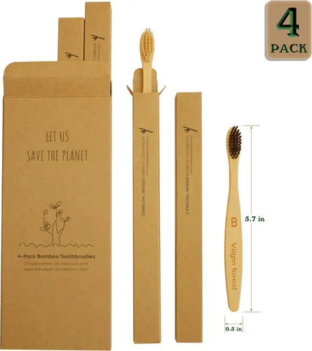 Vista 6 de Virgin Forest Cepillos de dientes de bambú para niños, mango biodegradable, cerdas suaves sin BPA, juego de 4 tamaños para niños (4 colores)