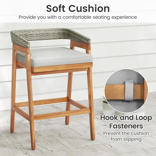 Vista 7 de Tangkula Juego de barra de patio de 3 piezas, mesa de madera de acacia para exteriores con 2 taburetes acolchados con respaldo de ratán curvado