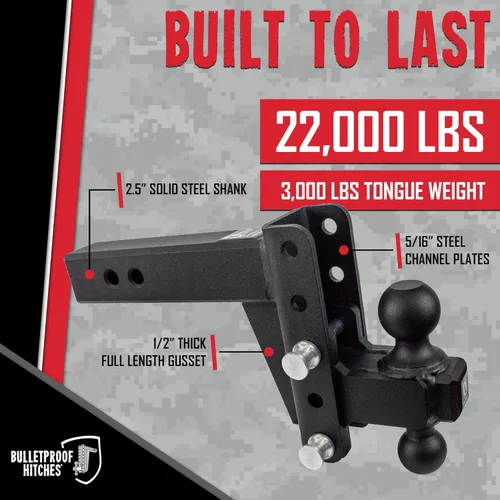 Vista 5 de BulletProof Hitches - Enganche de remolque ajustable resistente de 2.5 pulgadas (clasificación de 22,000 lb.) - Enganche de remolque
