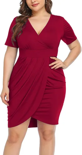 Vista 4 de Poseshe - Vestido cruzado y ajustado bodycon con escote en V profunda y corte en parte frontal de talla extragrande para mujer de manga corta