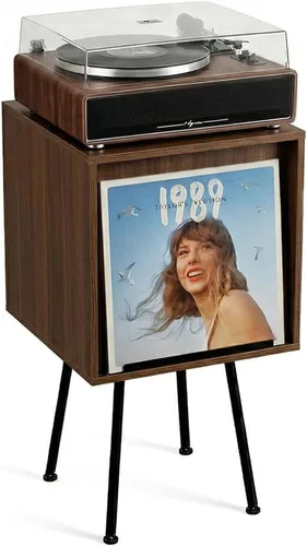 Vista 20 de Faesun - Soporte para tocadiscos con tapa abatible, gran mesa para tocadiscos con almacenamiento abierto que contiene más de 150 álbumes, soporte