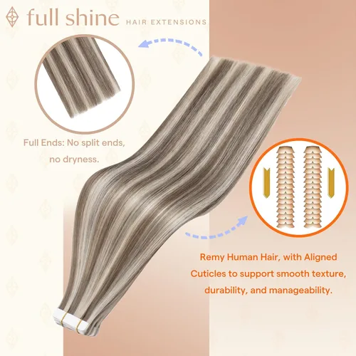 Vista 2 de Full Shine - Extensiones de cabello humano con cinta, mezcla de rubio hongo # 8 castaño ceniza resaltado 60 rubio ceniza