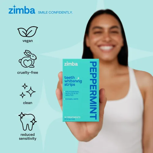 Vista 3 de Zimba Tiras blanqueadoras dentales con sabor a menta Blanqueador dental vegano y seguro para el esmalte con peróxido de hidrógeno para café, vino